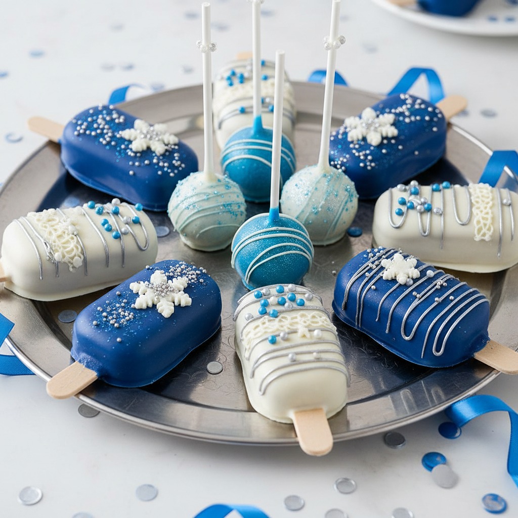 A silver platter holds an assortment of blue and white winter-themed cake pops and popsicle-shaped treats decorated with snowflakes and edible pearls.