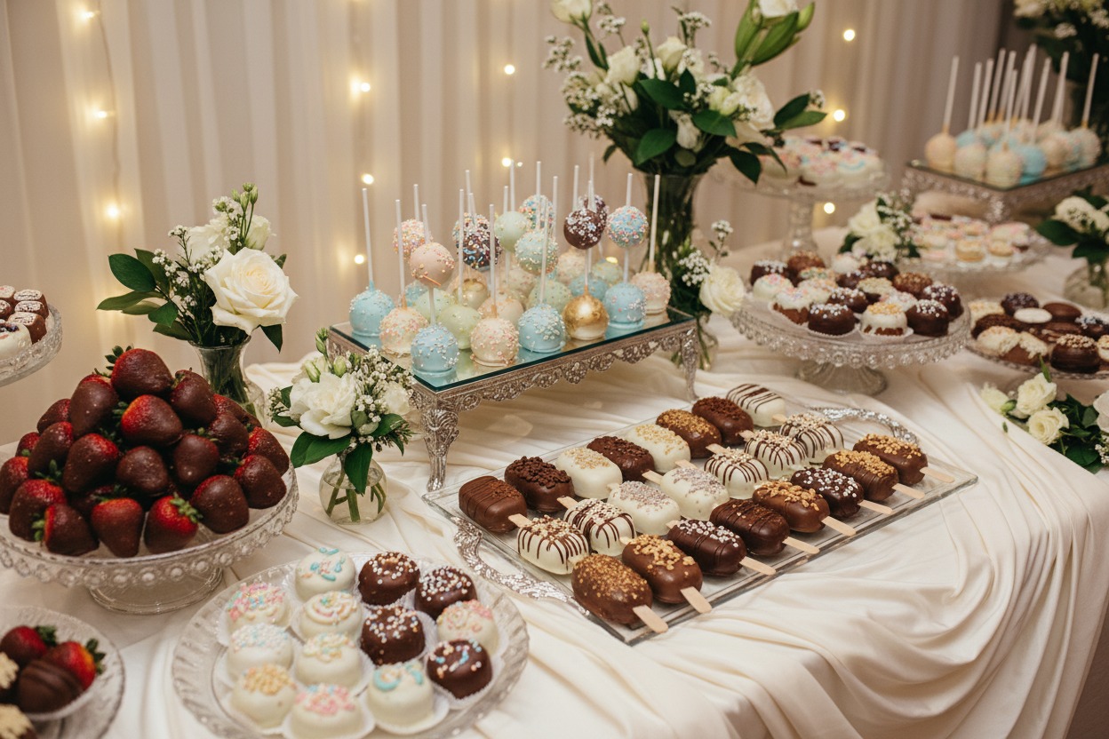 A dessert table features a variety of chocolate-covered strawberries, cake pops, and ice cream bar-shaped treats arranged on elegant serving platters with floral decorations.