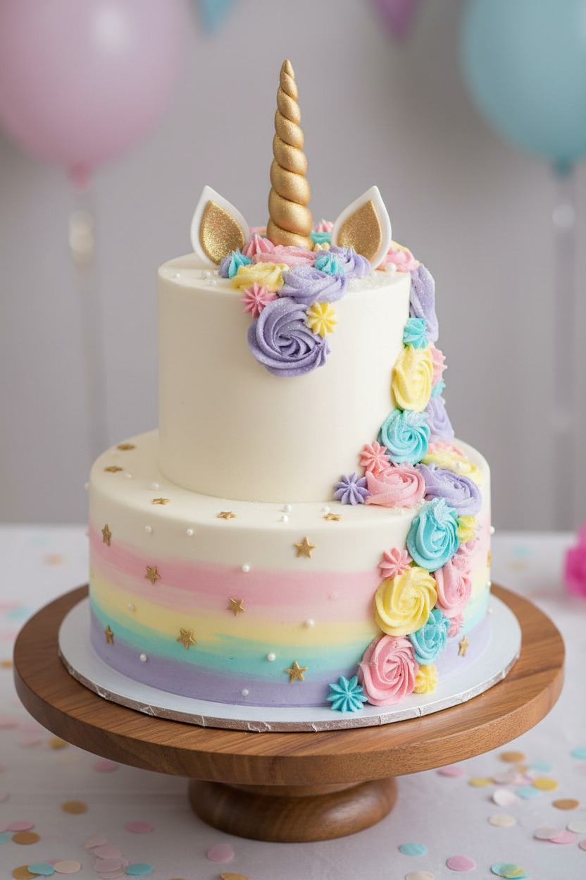 A two-tiered unicorn cake decorated with pastel frosting, gold stars, and a gold horn topper sits on a wooden cake stand.