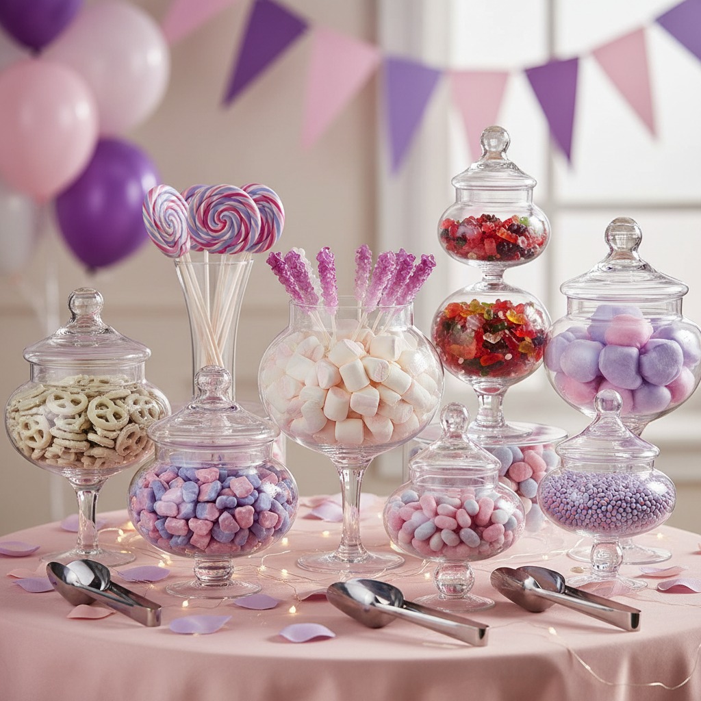 A candy buffet table features glass jars filled with various sweets, lollipops, and marshmallows, decorated with pink and purple balloons and bunting.