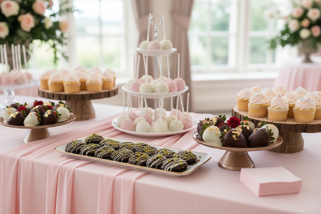 A dessert table features tiered stands of cake pops, plates of chocolate-covered strawberries, and a platter of chocolate cookies on a pink tablecloth.